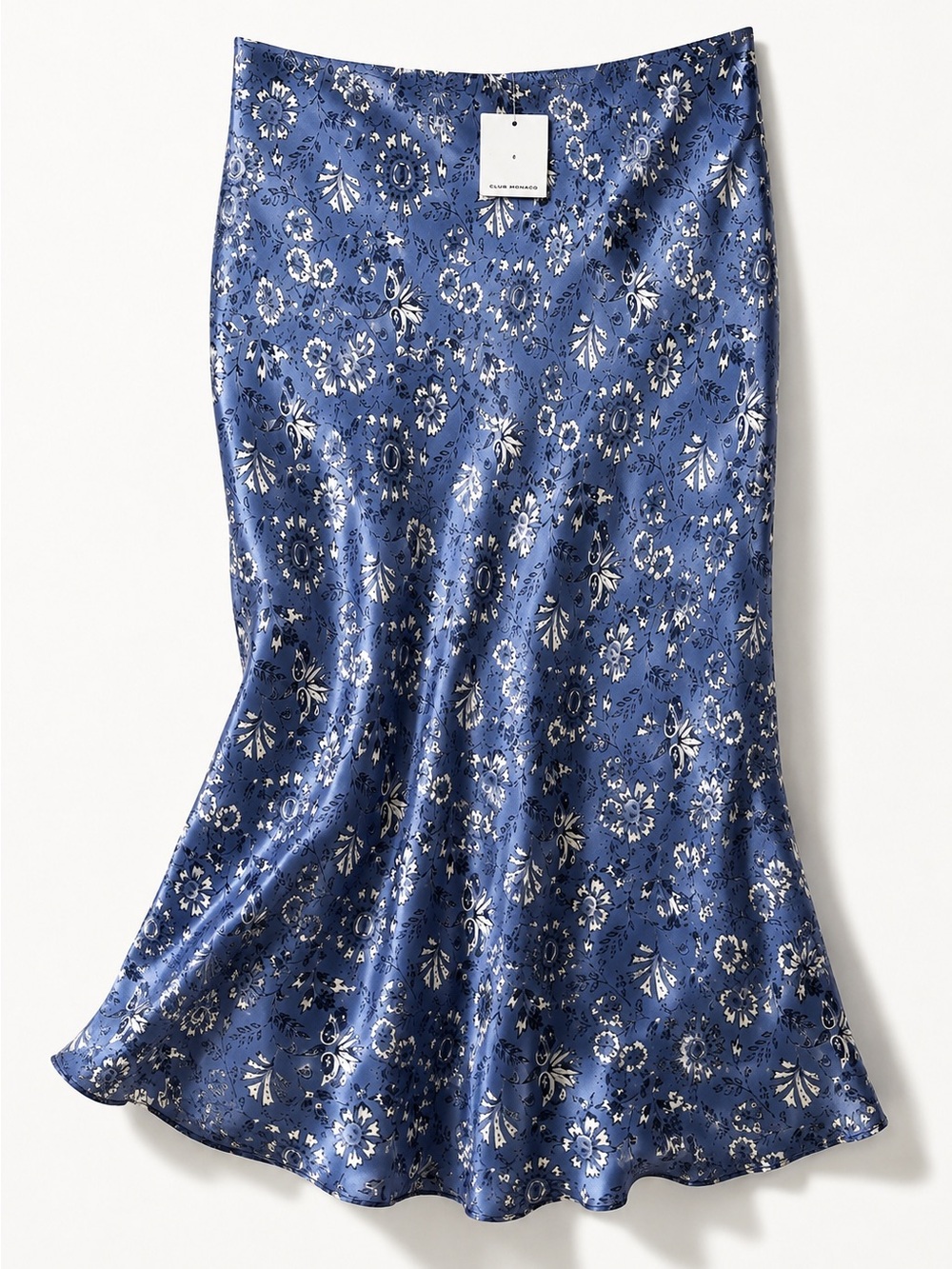 Club Monaco Blue Floral Satin Bias Midi Skirt Size 4 NWT 28W Quiet Luxury